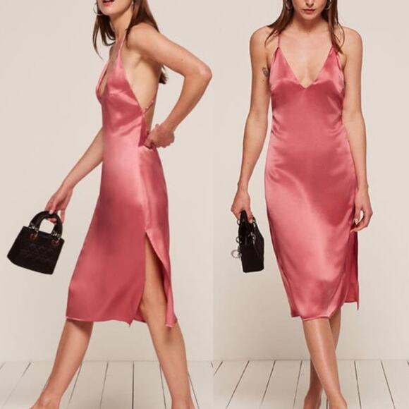 Reformation Liza Silk Dress NEW Valentine Pink V-Neck Knee Length Slip Dress 8 - Picture 1 of 7